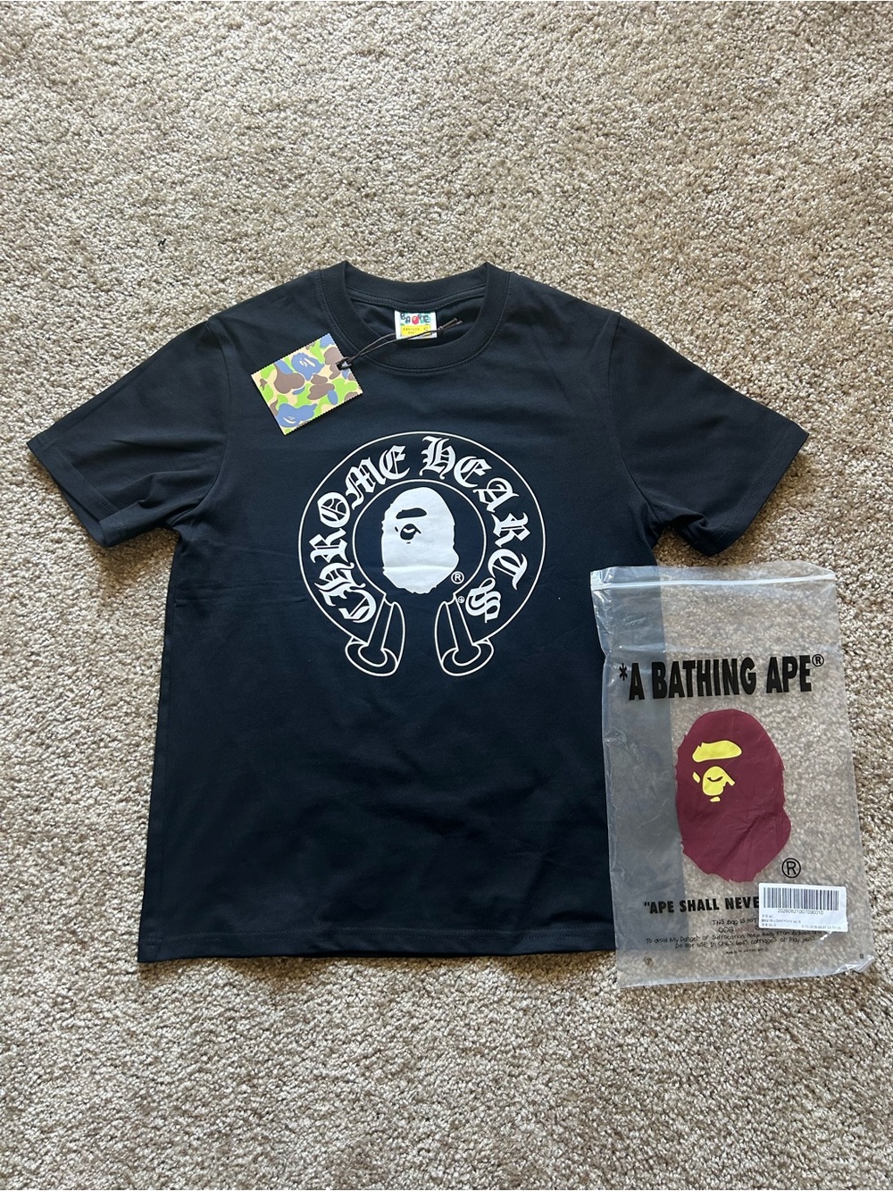 Bape Black Mens Short Sleeve Tee with White Chrome Hearts Graphic